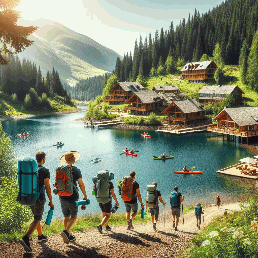 A group of travelers with bags walking towards the beautiful destination with lake , mountains and houses


